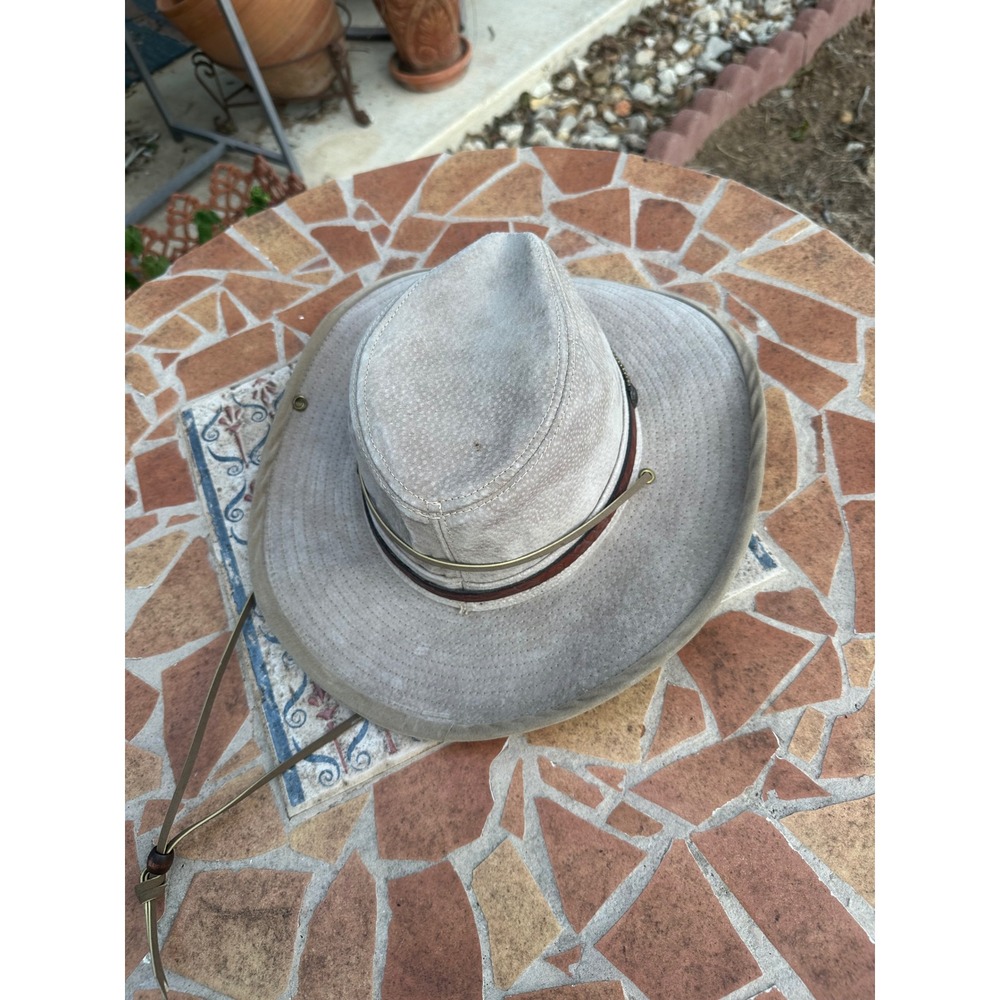 Henschel Hatquarters USA Distressed Tan Suede Safari Sun Hat with Chin Strap S